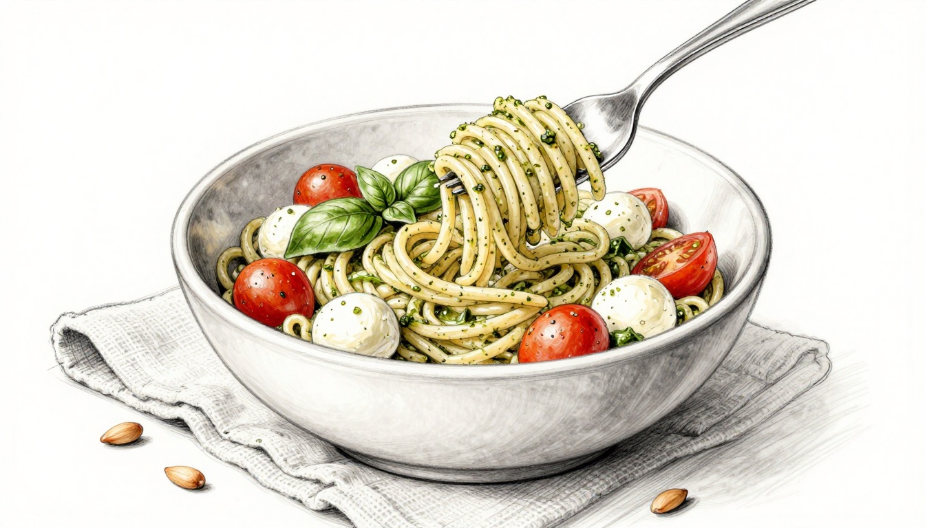 A bowl of pesto pasta with tomatoes, mozzarella, basil, and a forkful lifted above it.