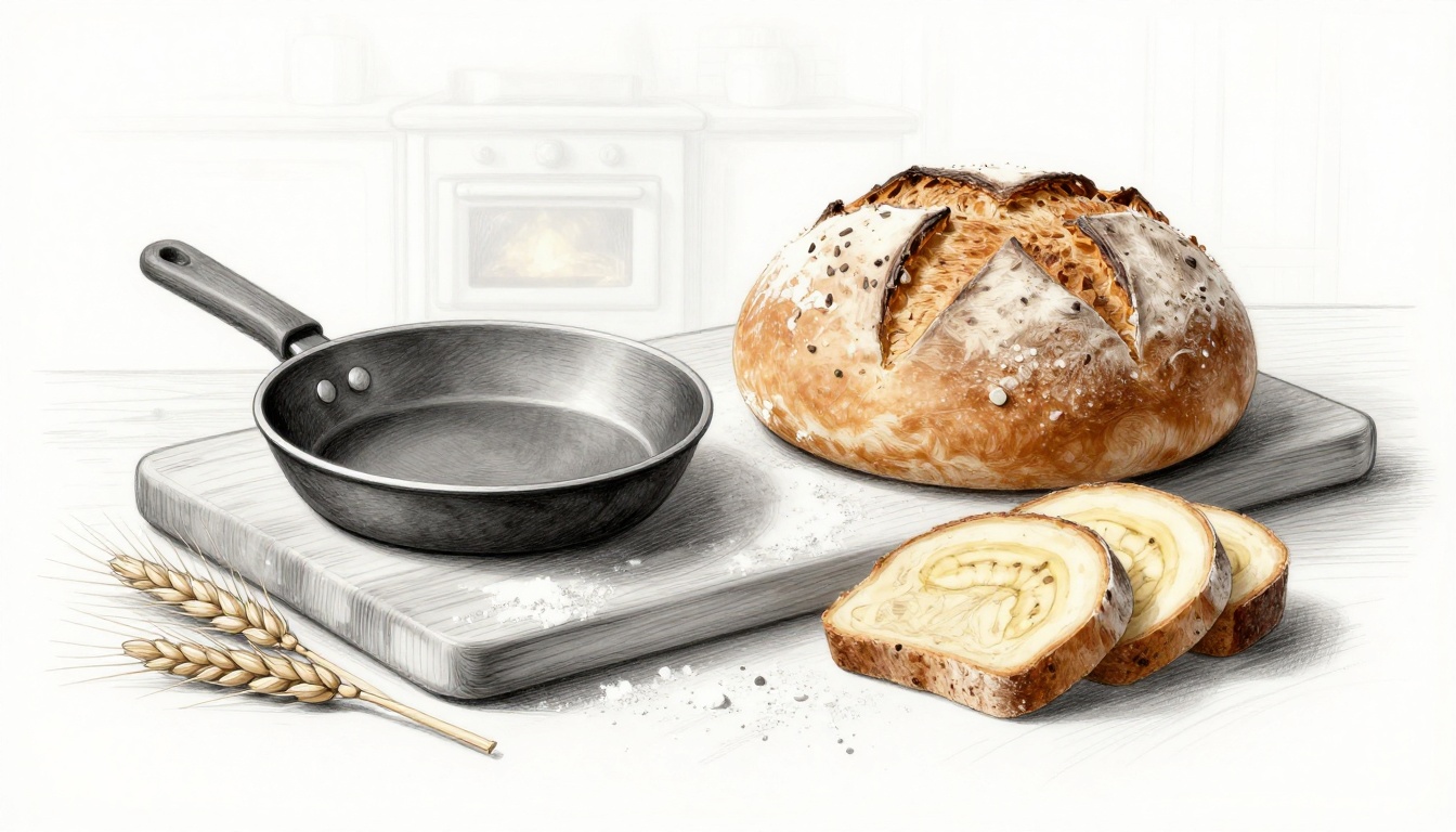 Soda bread, flatbread, and sliced banana bread sit on a flour-dusted board.