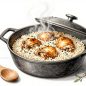 An open Dutch oven holds chicken thighs and rice, with herbs and a wooden spoon nearby.