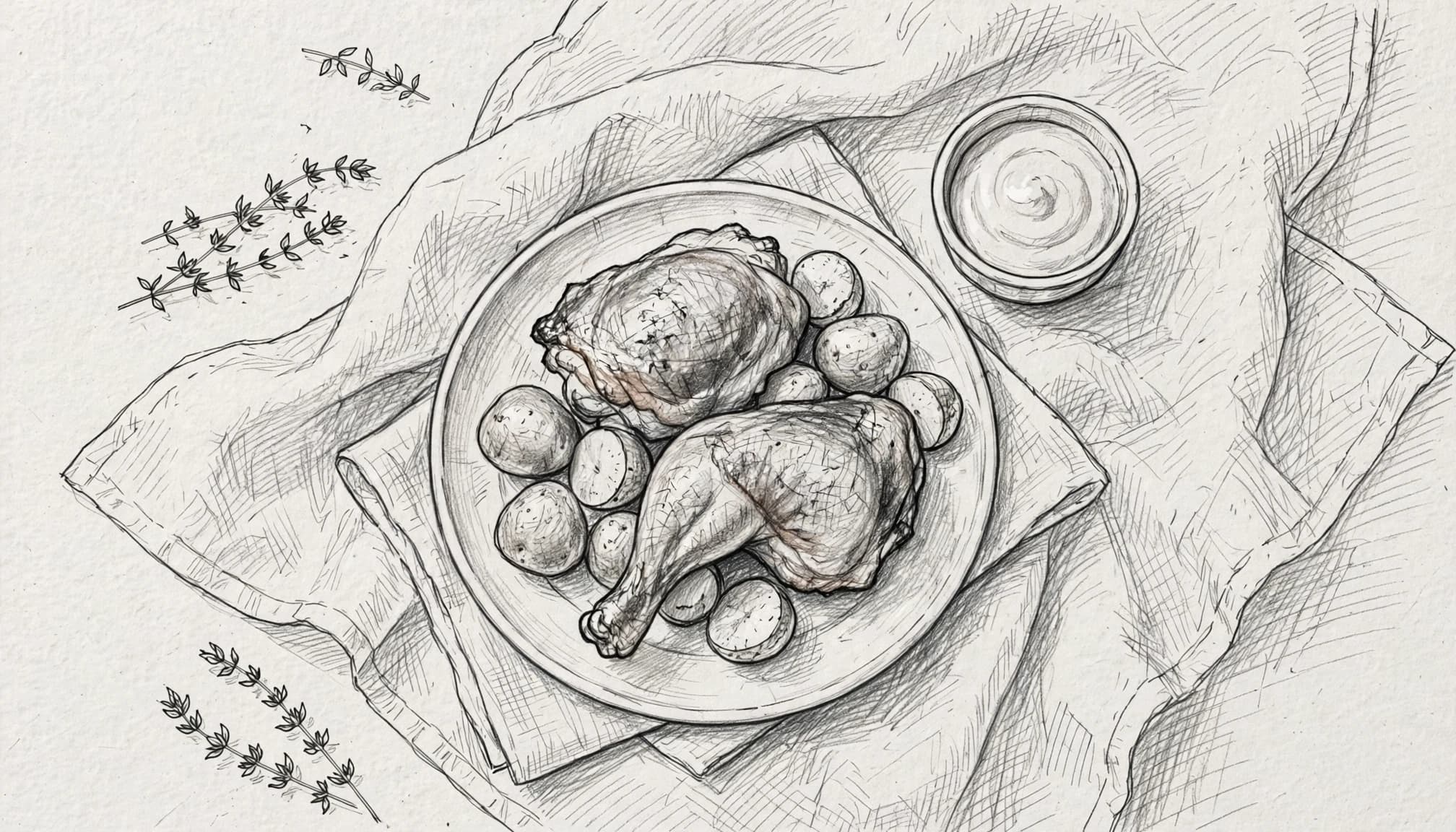 A graphite sketch of roasted chicken thighs, potatoes, and a small bowl of sauce.