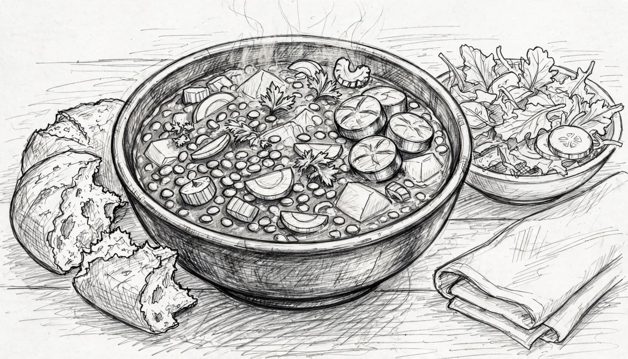 A graphite sketch of a bowl of lentil stew with sausage, bread, salad, and a napkin.