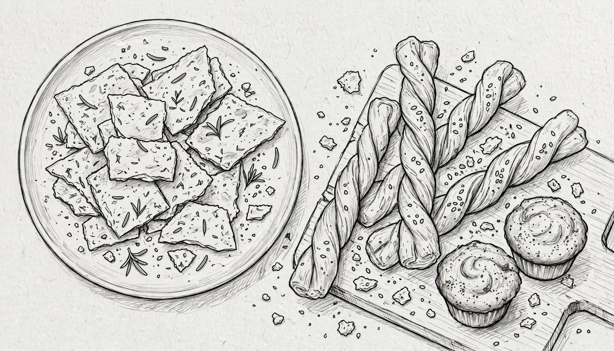 Graphite sketch of crackers and assorted homemade baked snacks.