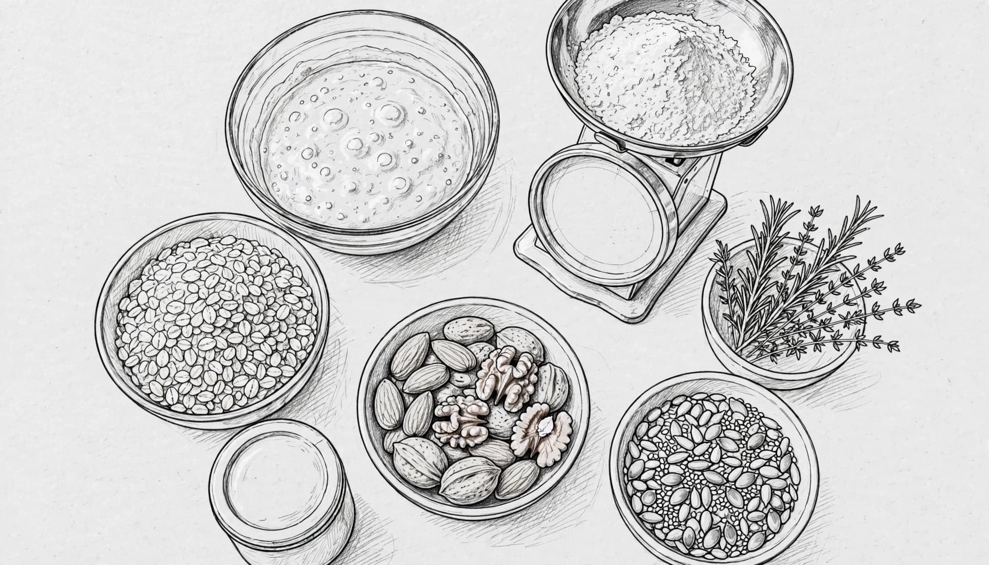 A pencil sketch of sourdough ingredients in bowls, including starter, a scale, flour, and nuts.